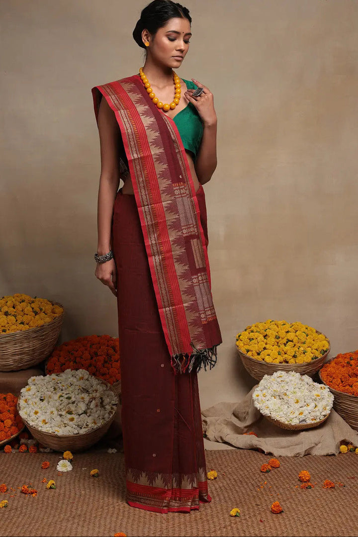 Maroon Handloom Pure Cotton Kanchi Saree | SHOBITAM