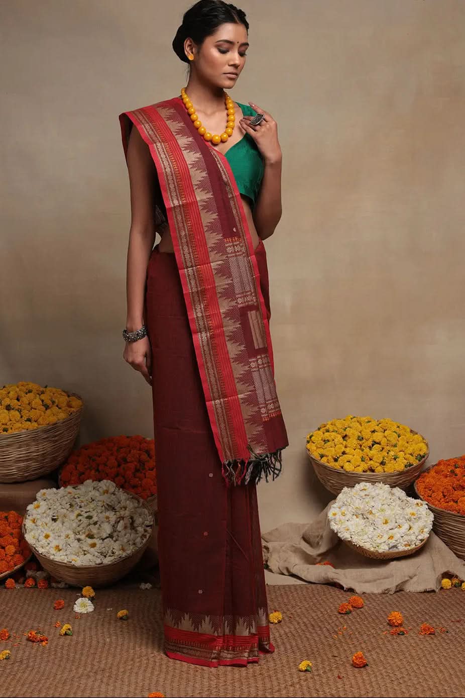 Maroon Handloom Pure Cotton Kanchi Saree | SHOBITAM