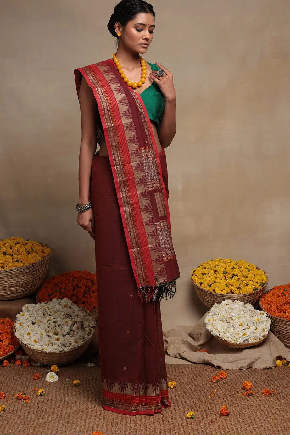 Maroon Handloom Pure Cotton Kanchi Saree | SHOBITAM