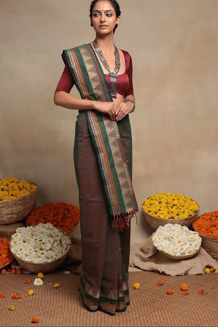 Maroon Handloom Pure Cotton Kanchi Saree | SHOBITAM