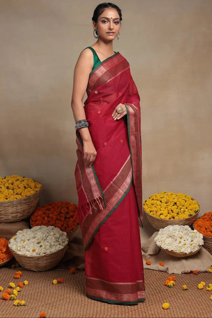 Handloom Magenta Pure Cotton Kanchi Saree | SHOBITAM