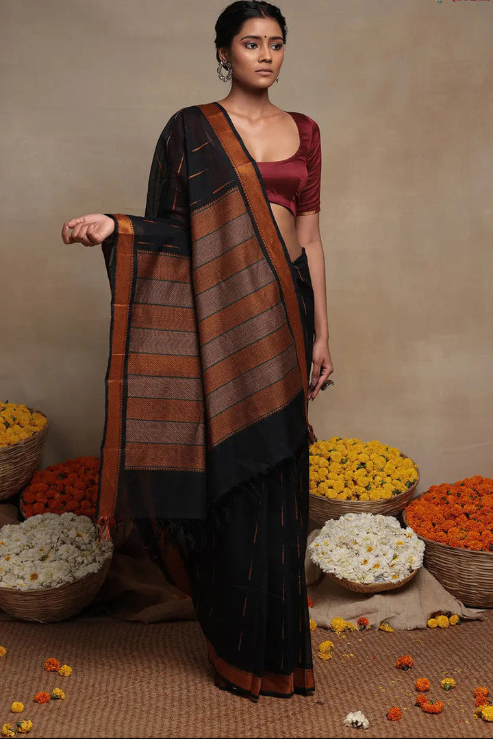 Handloom Black Pure Cotton Kanchi Contemporary Saree | SHOBITAM