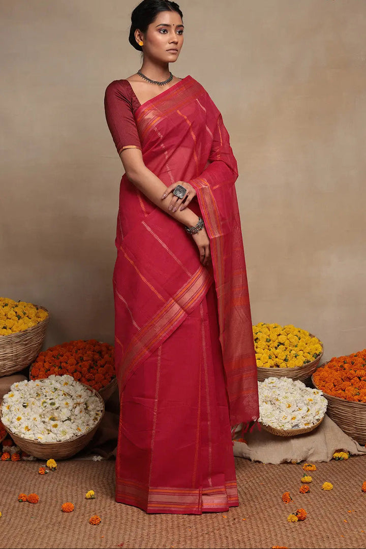 Magenta Handloom Kanchi Cotton Saree With Stripes | SHOBITAM