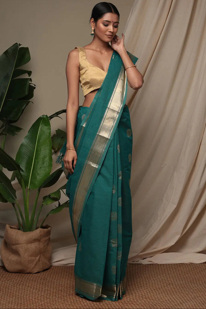 Handloom Jade Green Pure Cotton Kanchi Saree With Zari Border And Motifs | SHOBITAM