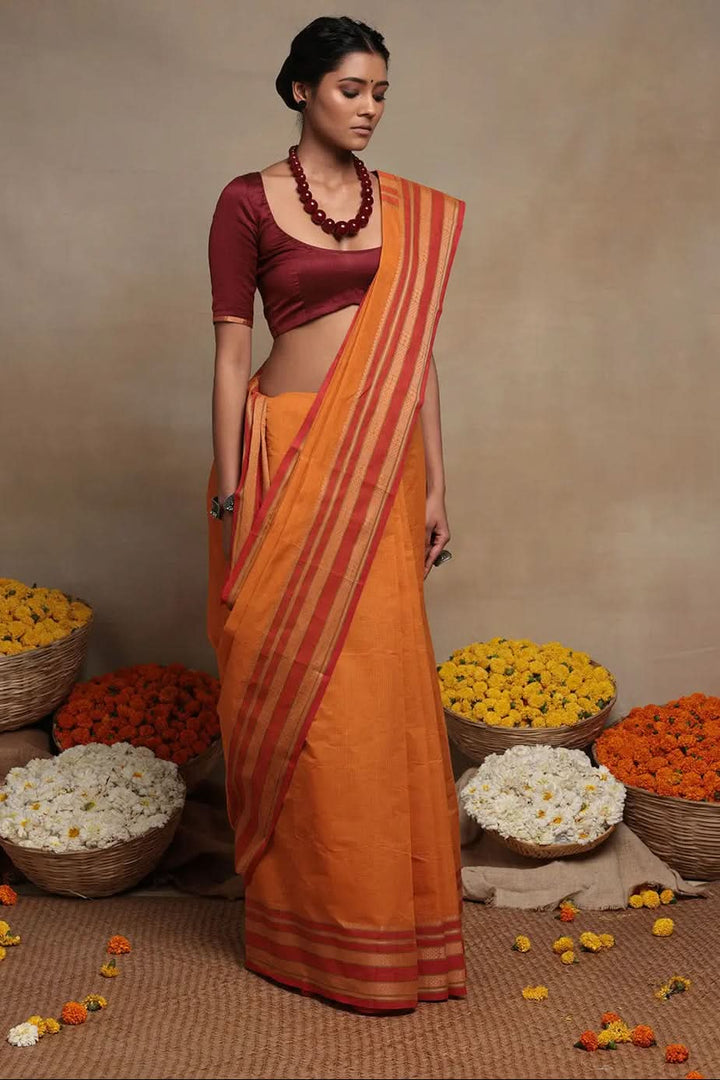Handloom Atomic Orange Pure Cotton  Saree | SHOBITAM