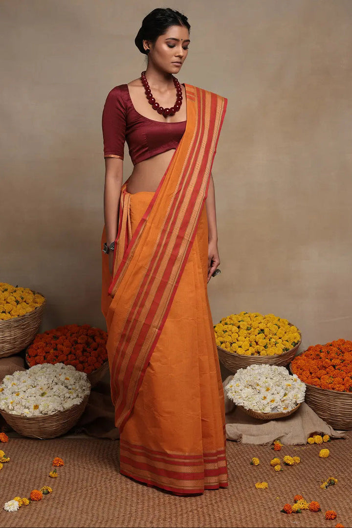 Handloom Atomic Orange Pure Cotton  Saree | SHOBITAM