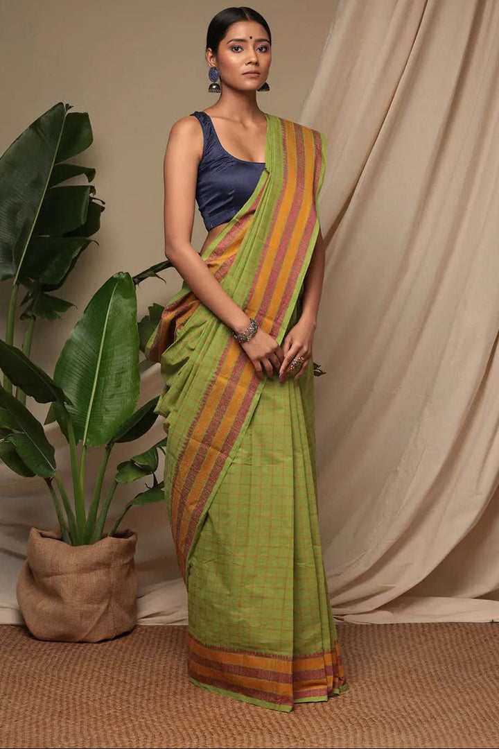 Handloom Parrot Green Pure Cotton Kanchi Saree With Generous Border | SHOBITAM