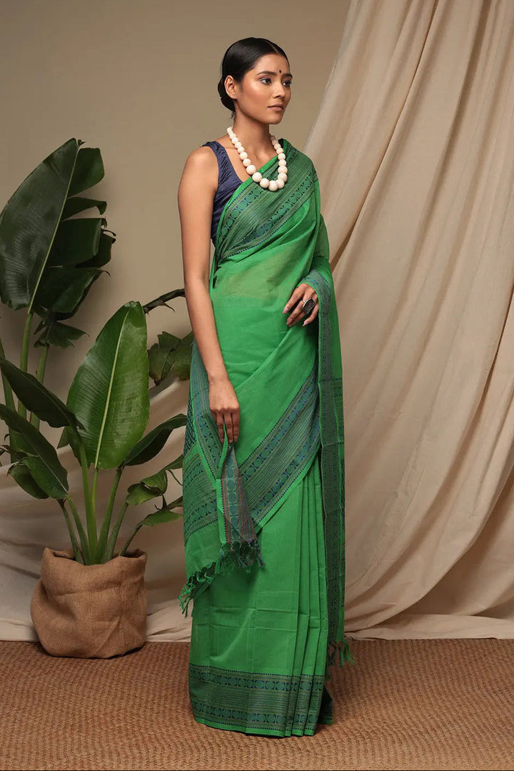 Green Pure Cotton Handloom Kanchi Saree | SHOBITAM