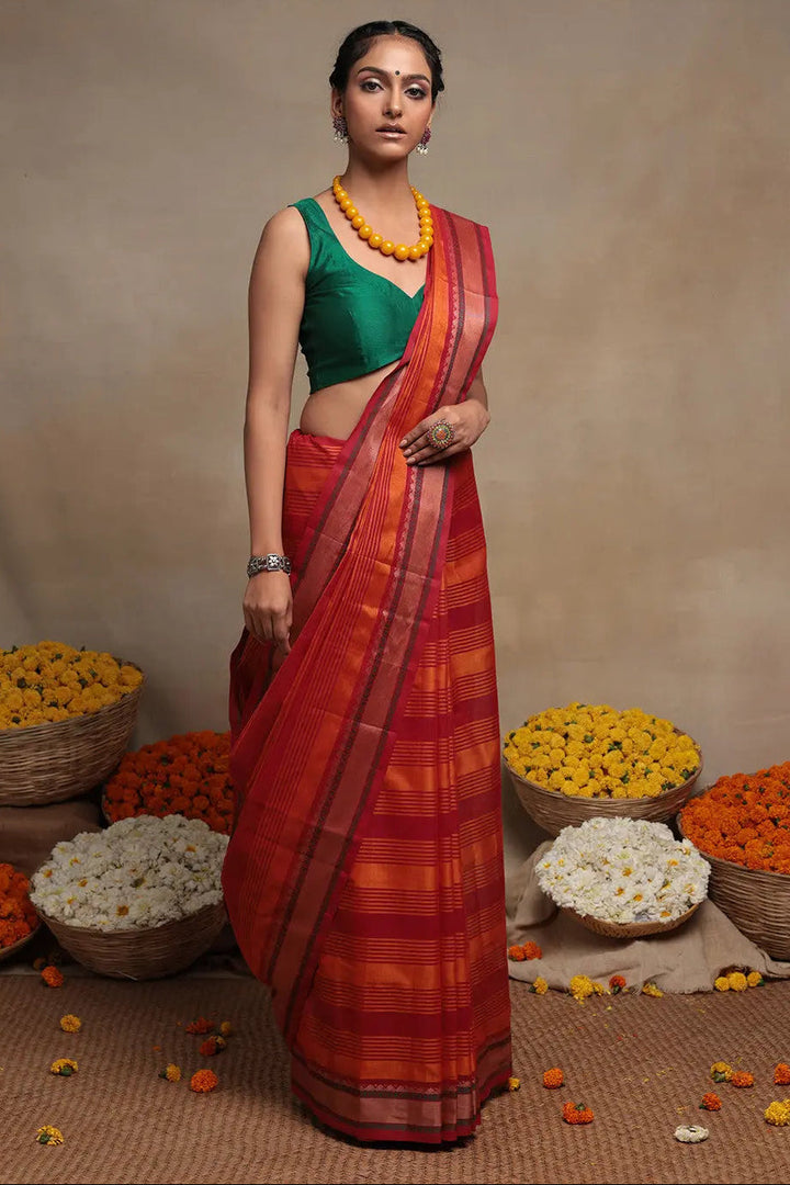 Handloom Orange & Red Pure Cotton Kanchi Saree | SHOBITAM