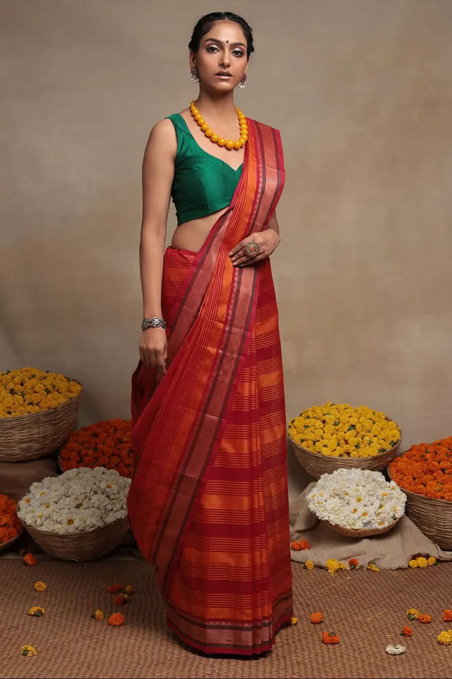 Handloom Orange & Red Pure Cotton Kanchi Saree | SHOBITAM