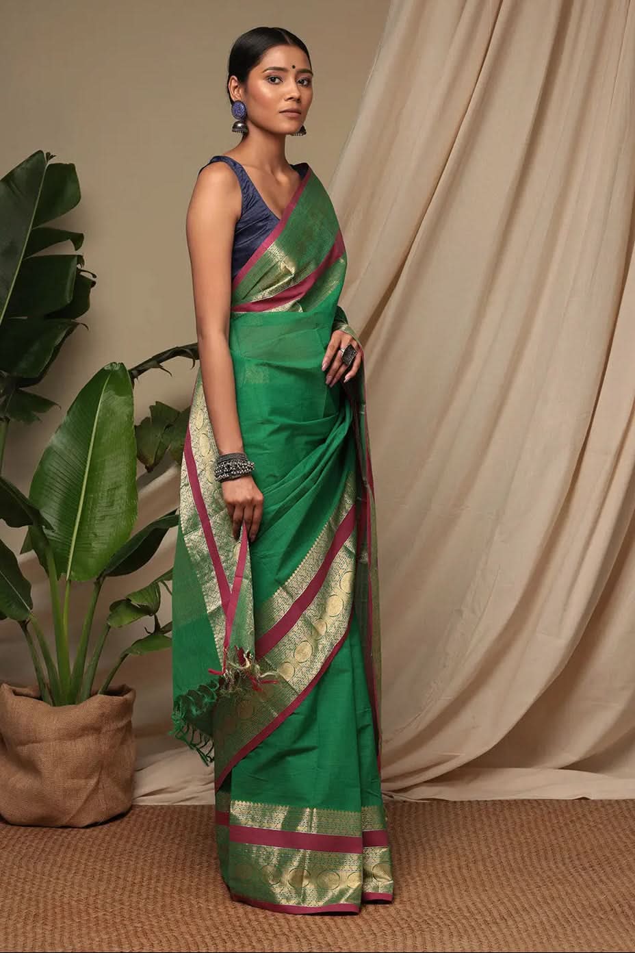 Handloom Forest Green Kanchi Cotton Saree With Exquisite Gold Zari Border & Pallu | SHOBITAM