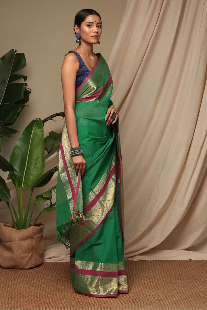 Handloom Forest Green Kanchi Cotton Saree With Exquisite Gold Zari Border & Pallu | SHOBITAM