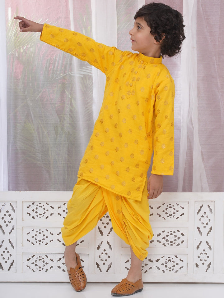 Boys Cotton Full Sleeves Kurta and Dhoti with Golden Floral Zari Work- Haldi Yellow | SHOBITAM