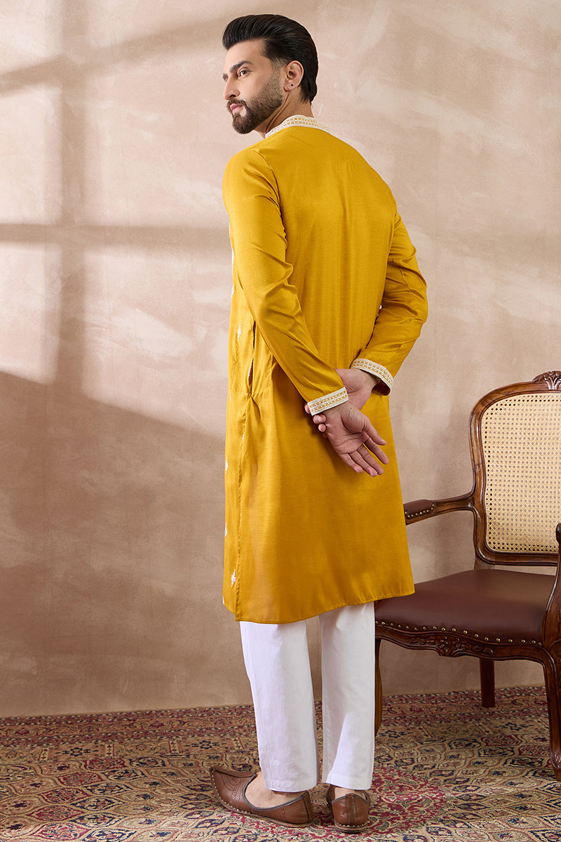 Yellow Silk Blend Embroidered Mandarin Collar Straight Kurta | SHOBITAM
