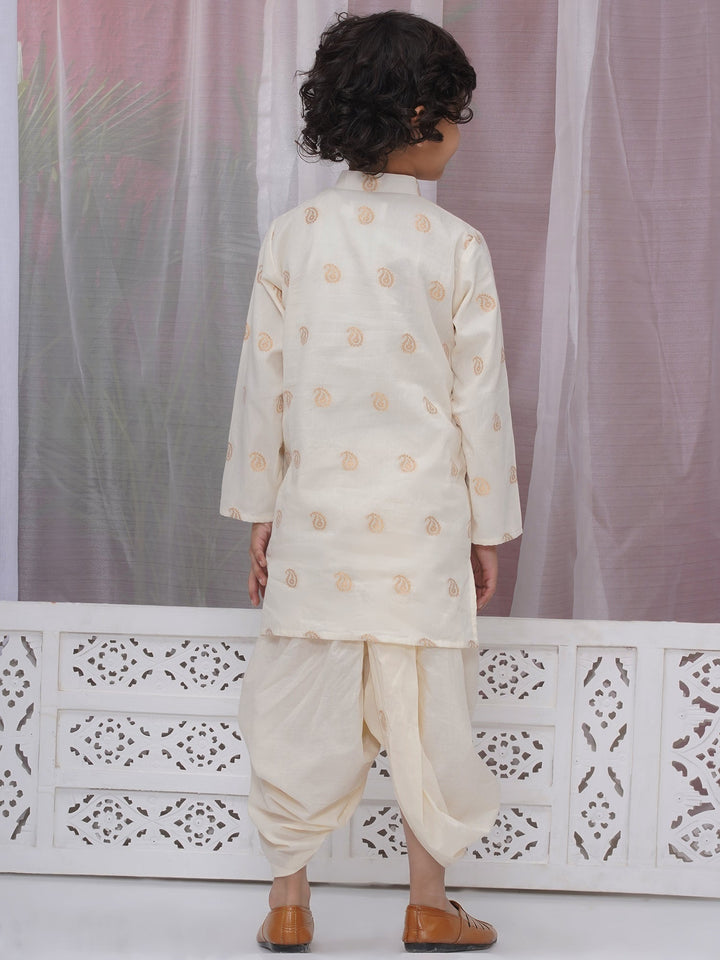 Boys Cotton Full Sleeves Kurta and Dhoti with Golden Paisley Zari Work- Cream | SHOBITAM