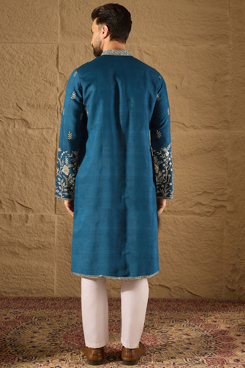 Blue Chanderi Silk Solid Embroidered Straight Kurta with Trouser  | SHOBITAM