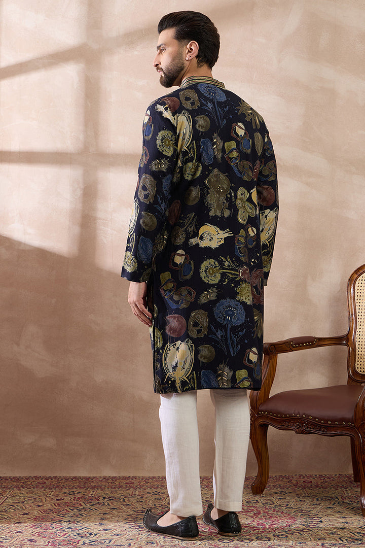 Navy Blue Silk Blend Printed Mandarin Collar Straight Kurta For Men | SHOBITAM