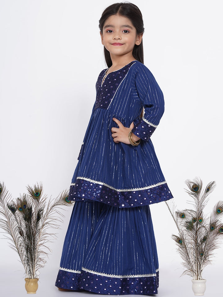 Girls Mirror work Kurta frock with Sharara and Dupatta in Blue and White | SHOBITAM