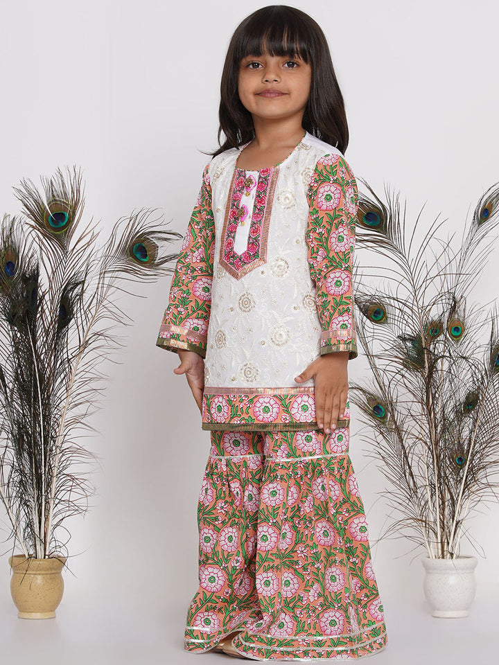 Girls Floral Embroidery Kurta with Floral Sharara & Dupatta- Orange Pink & White | SHOBITAM
