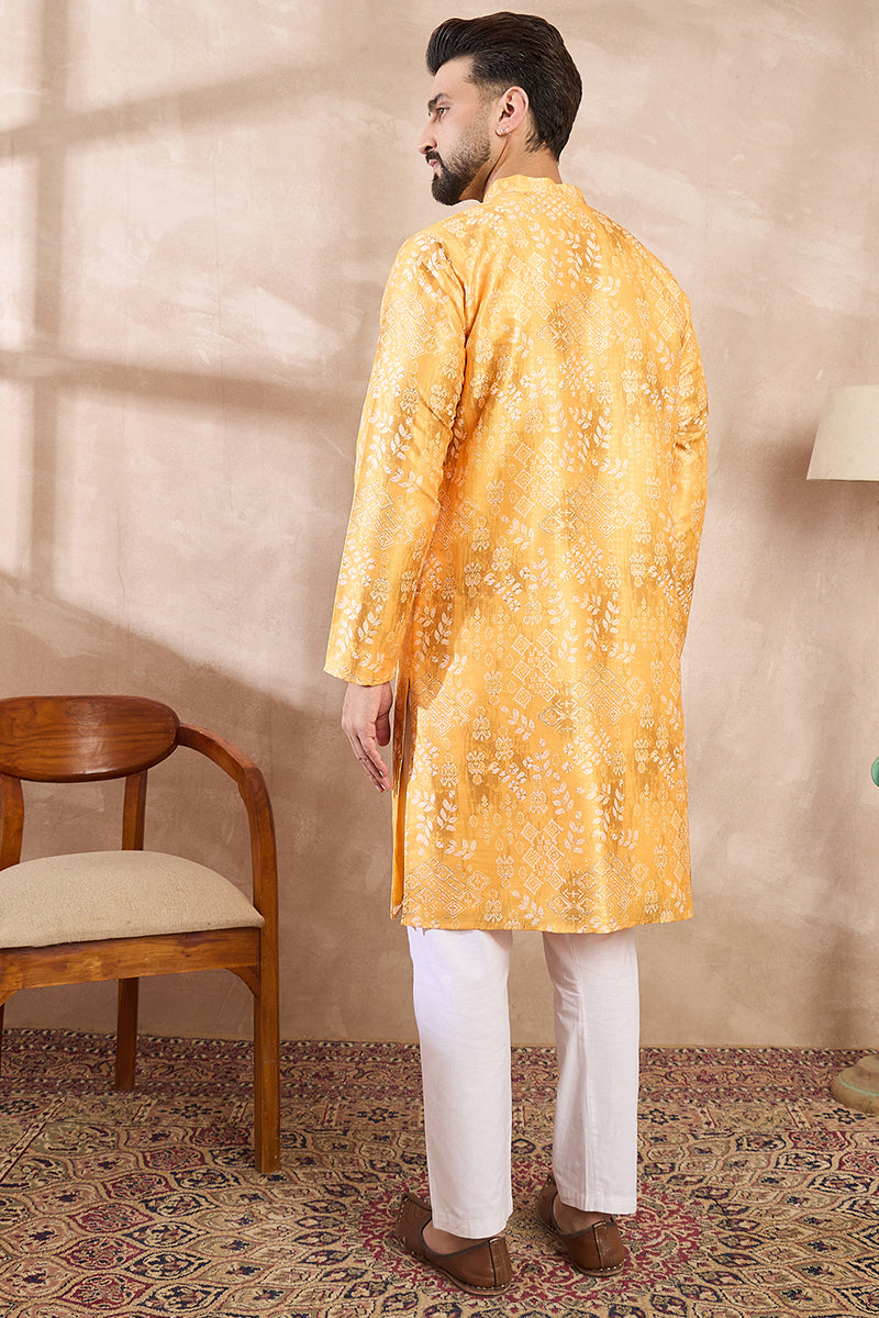 Yellow Silk Blend Ethnic Motifs Printed Straight Kurta With Trouser | SHOBITAM