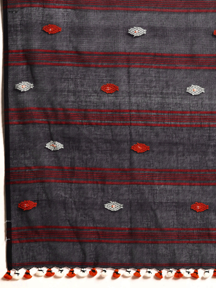 Navy & Orange Cotton Handloom Assamese Saree No Blouse Piece | SHOBITAM