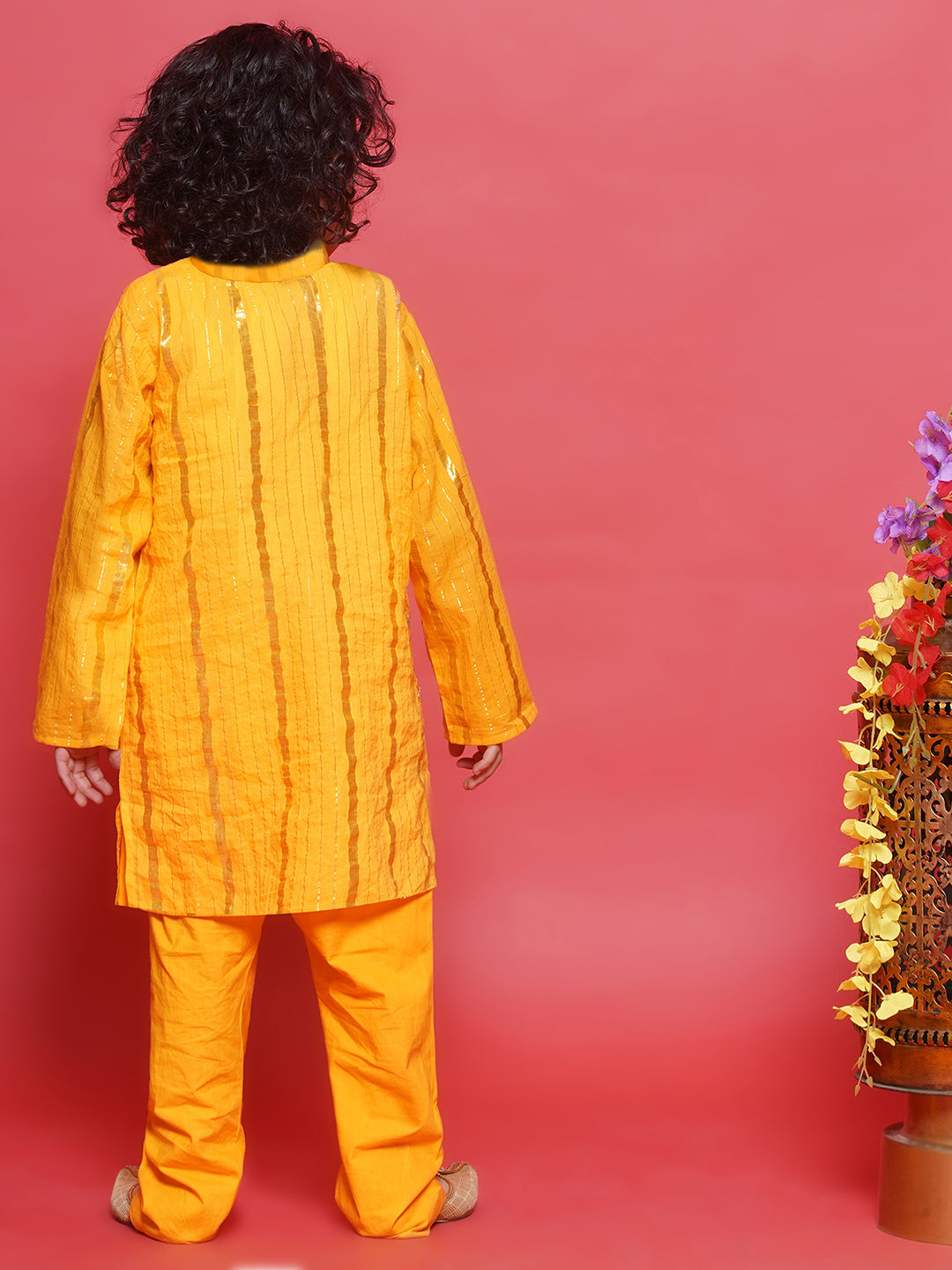 Cotton Full Sleeves Lurex Striped Kurta with Pyjama -Yellow | SHOBITAM