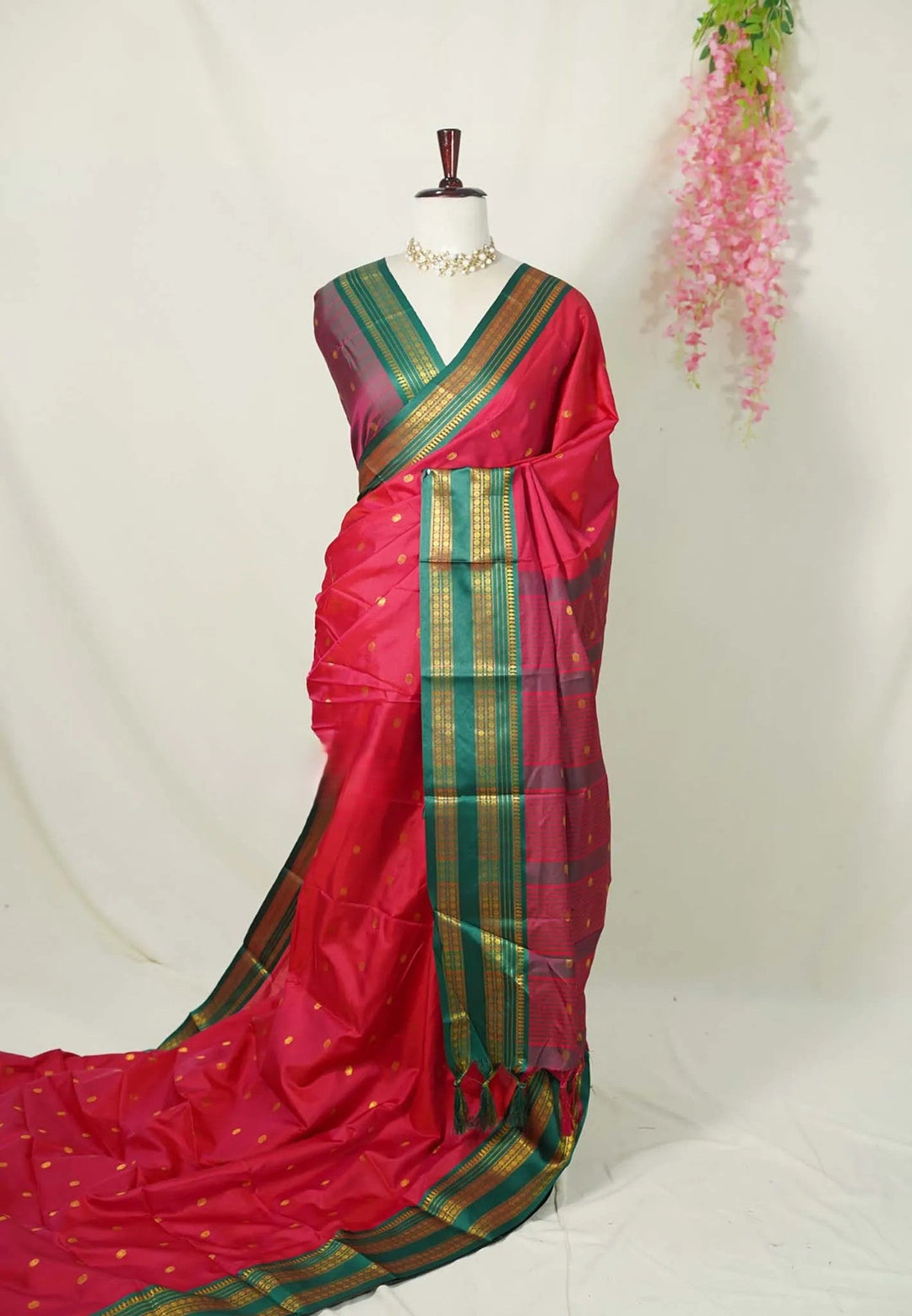 Reddish Pink Gadwal semi silk Saree with Rettaipet Rudraksham Border  | SHOBITAM