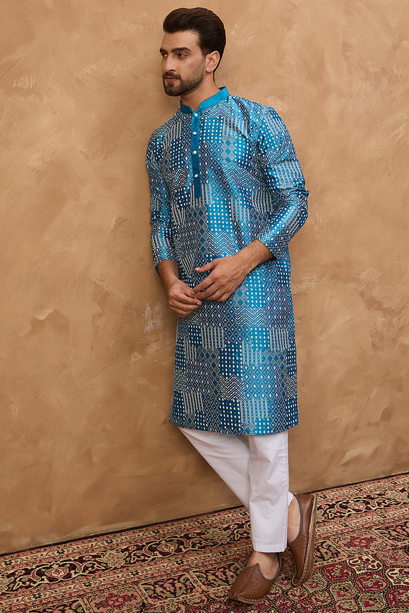 Blue Silk Blend Geometric Printed Straight Kurta  | SHOBITAM