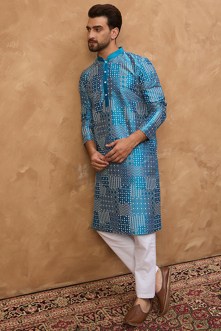 Blue Silk Blend Geometric Printed Straight Kurta  | SHOBITAM