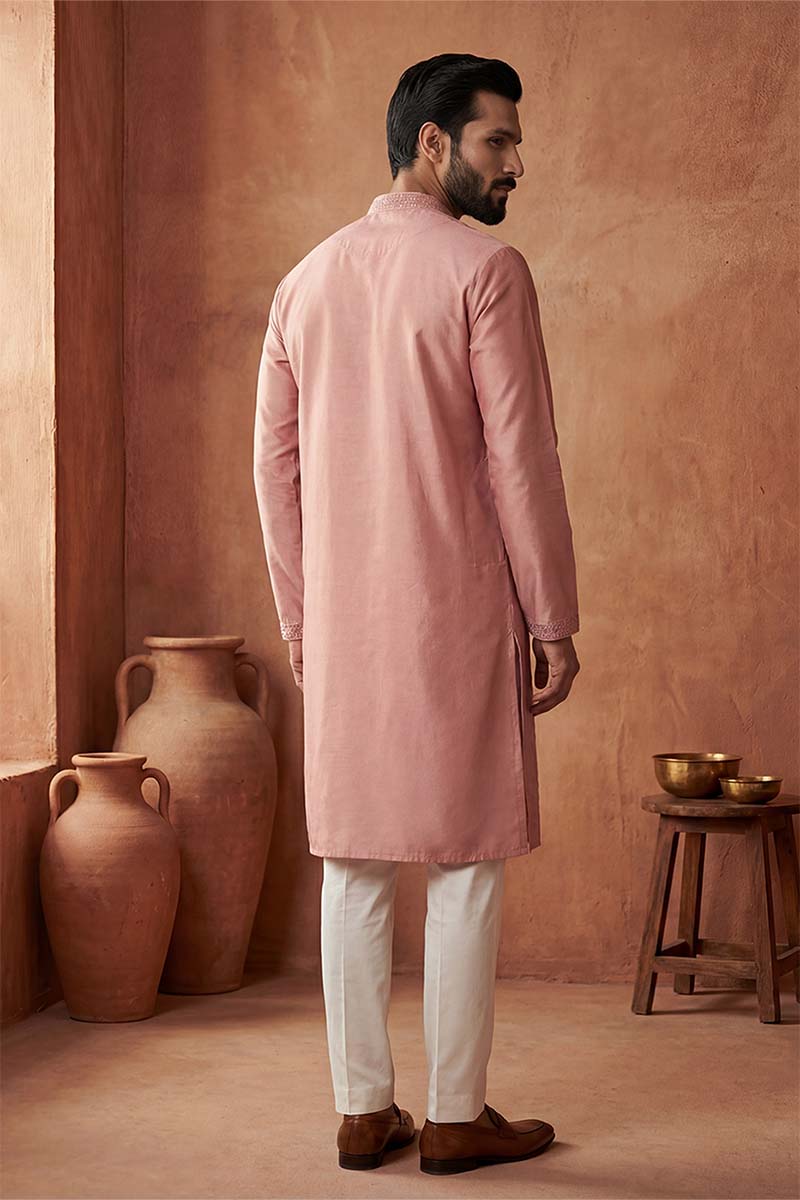 Silk Blend Peach Solid Embroidered Calf Length Straight Kurta | SHOBITAM