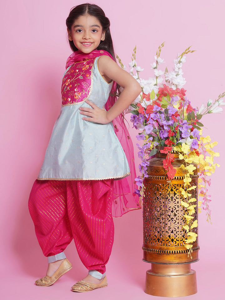 Girls Cotton Silk Sleeveless Kurta with Dhoti Salwar and Dupatta with Floral Embroidery - Dolphin Green | SHOBITAM
