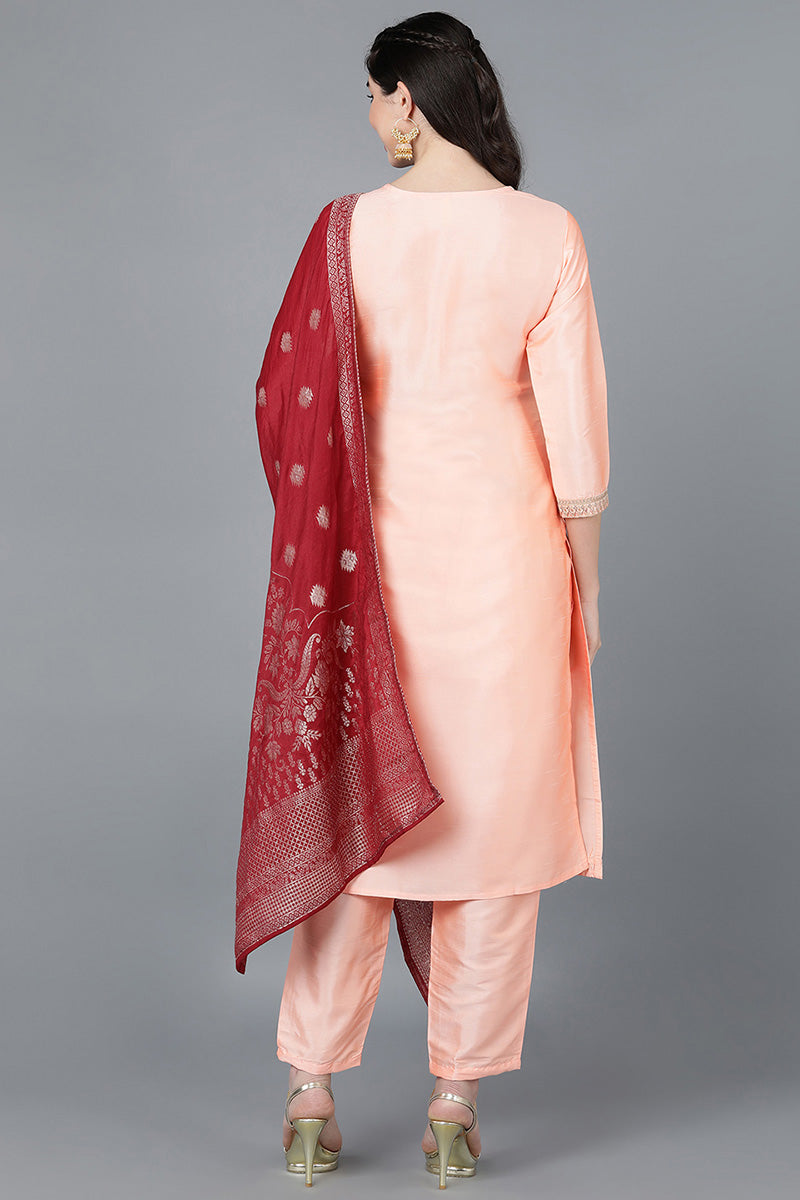 Peach Poly Silk A-Line Kurta Pant With Dupatta  | SHOBITAM