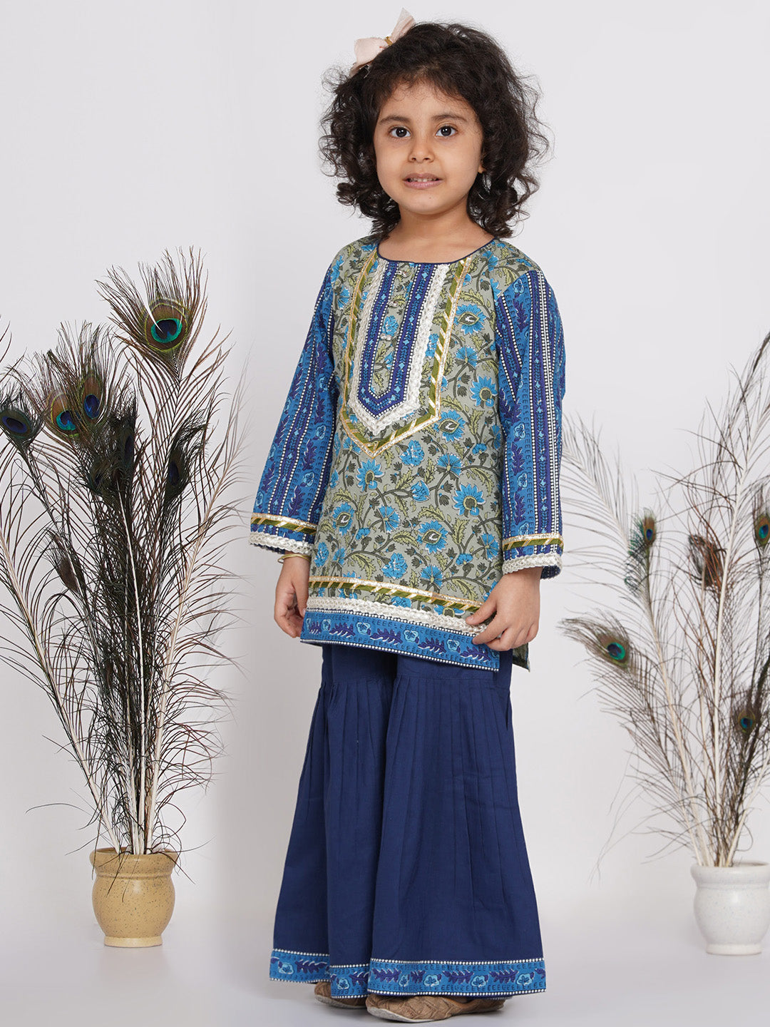 Girls Lacework Floral Kurta with Sharara and Dupatta in Indigo Blue and Green | SHOBITAM