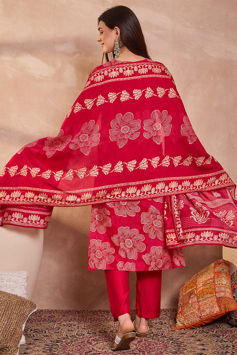 Pink Poly Silk Floral Printed Straight Kurta Trouser With Dupatta | SHOBITAM