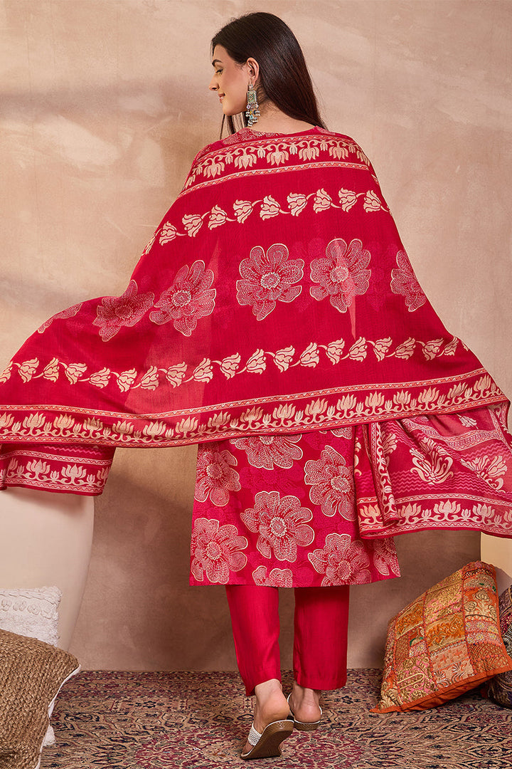 Pink Poly Silk Floral Printed Straight Kurta Trouser With Dupatta | SHOBITAM