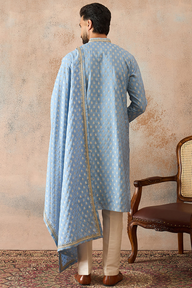 Men Blue Jacquard Woven Design Floral Straight Kurta Sets | SHOBITAM