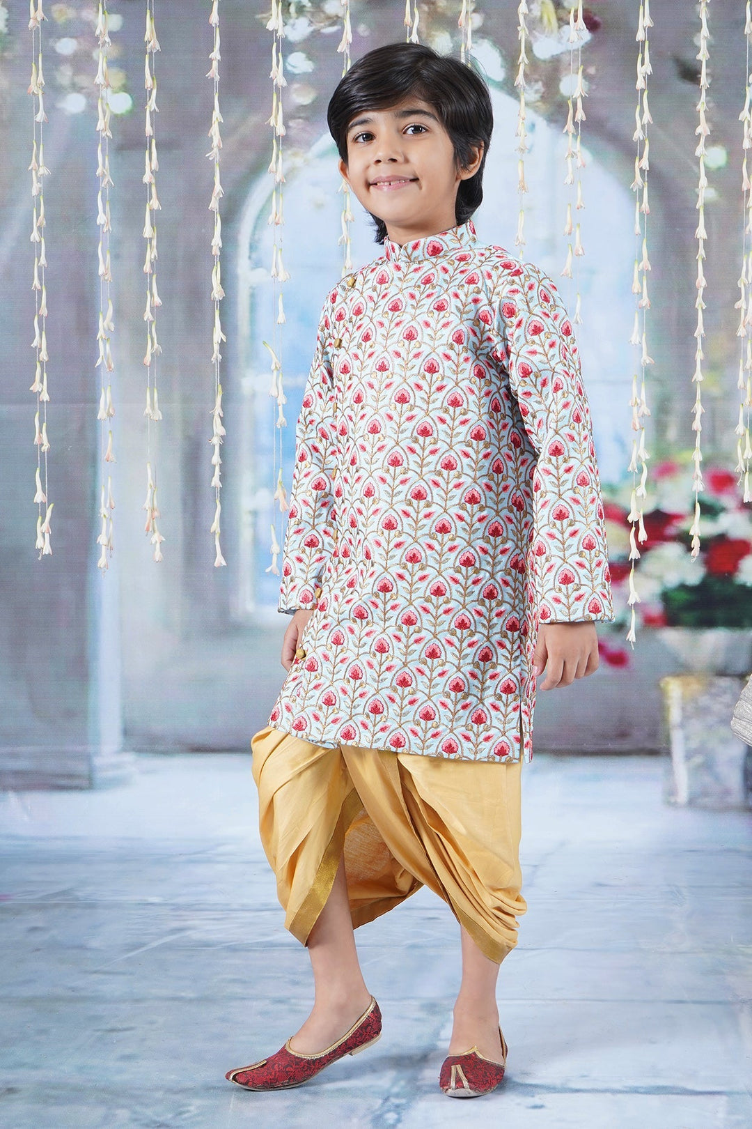 Boys Bageecha Floral Thread work Angrakha Sherwani with Beige Silk Dhoti | SHOBITAM