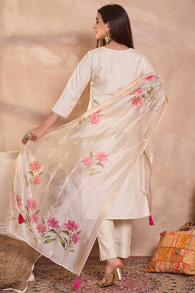 Off White Silk Blend Solid Embroidered Straight Kurta Trouser With Dupatta | SHOBITAM