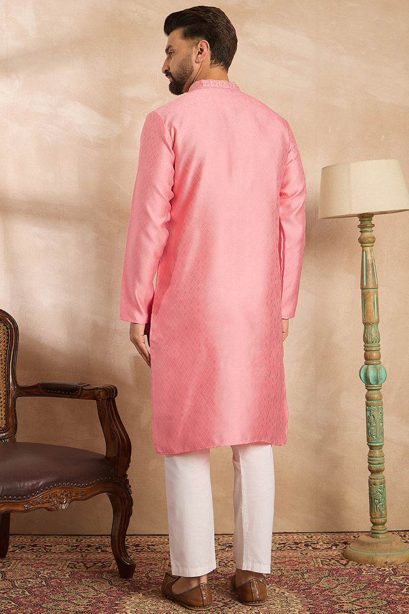 Pink Polyester Solid Embroidered Straight Kurta For Men | SHOBITAM