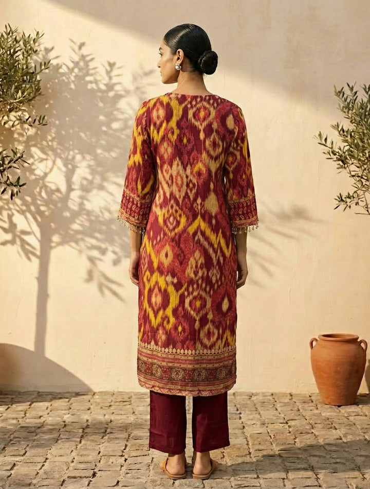Red Ikat Print Embroidered V-Neck Kurta Pant Dupatta Set| SHOBITAM