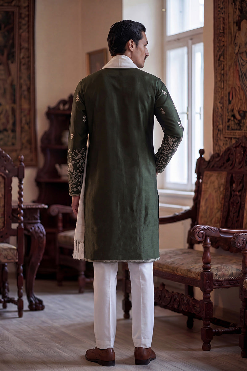 Men Olive Chanderi Silk Solid Embroidered Straight Kurta Trouser with Dupatta  | SHOBITAM