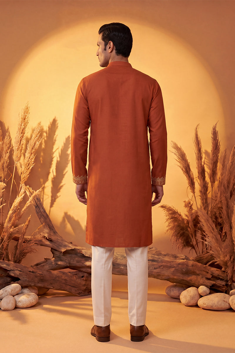 Mens Orange Silk Blend Solid Emboidered Straight Kurta With Trouser | SHOBITAM