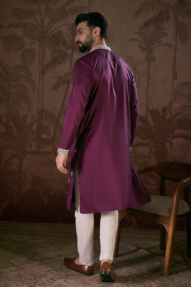 Purple Silk Blend Solid Embroidered Straight Kurta | SHOBITAM