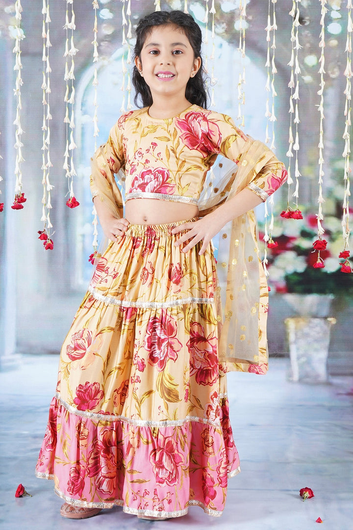 Modern Rose Print Lehenga with Panel and lace work with Blouse and Dupatta | SHOBITAM