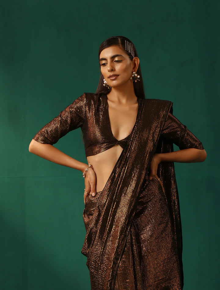 Black Cotton Gold Striped Saree With Unstitched Blouse | SHOBITAM