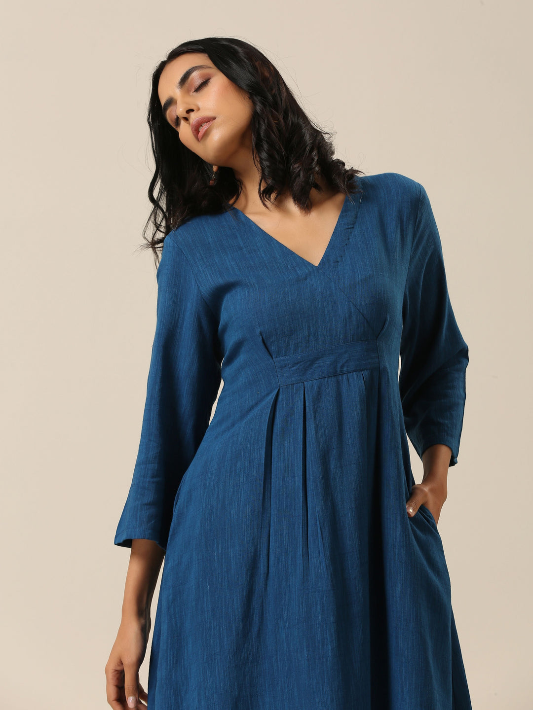Classic Blue Slub Texture Overlap Pleat Kurta Pant Set  | SHOBITAM