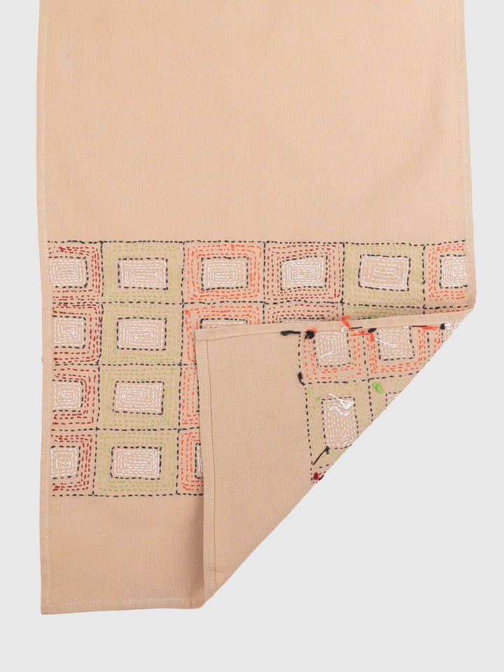 Beige Kantha Cotton Dining Table Runner | SHOBITAM