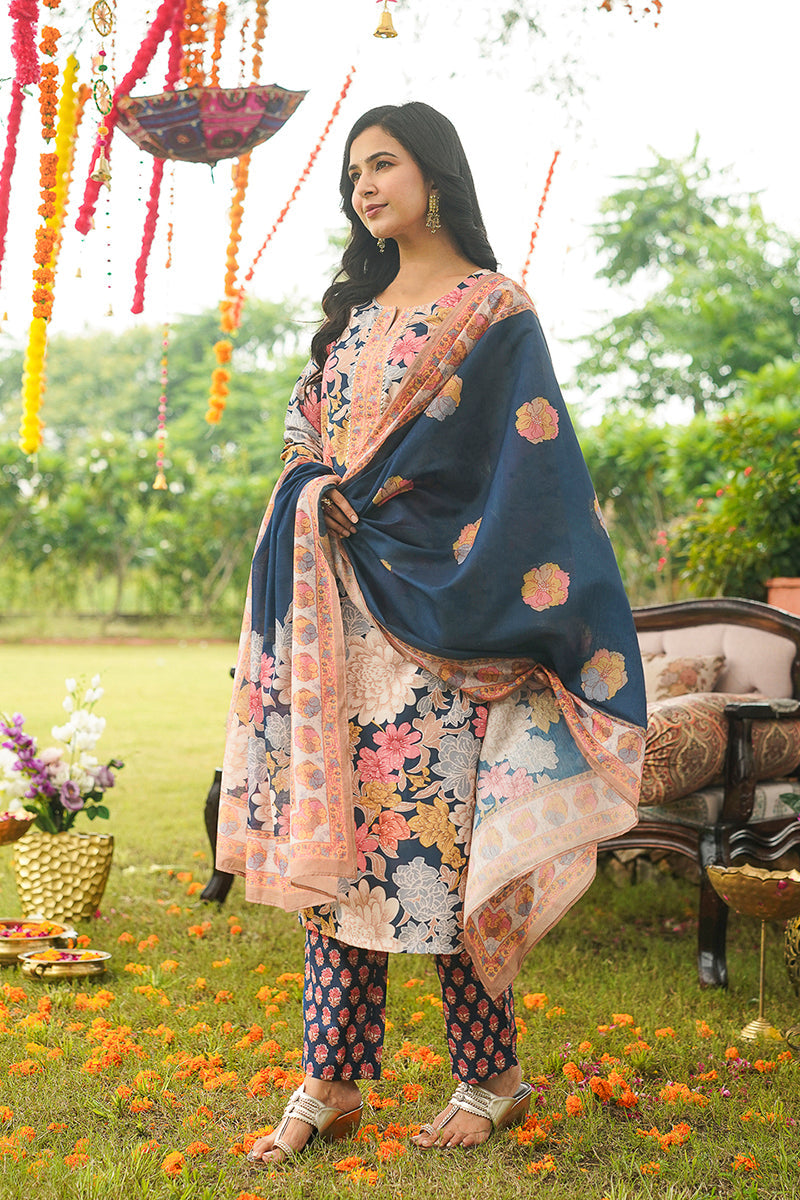 Blue Cotton Blend Floral Printed Straight Kurta Trousers With Dupatta | SHOBITAM