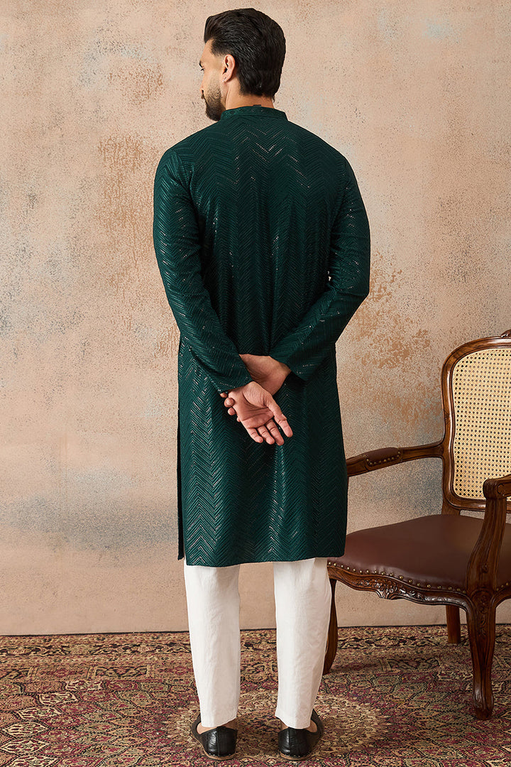 Green Rayon Embroidered Straight Kurta | SHOBITAM