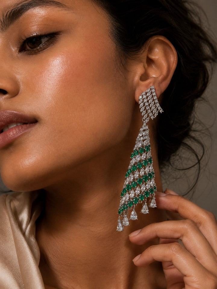 Emerald Green CZ Long Earrings in Silver Finish – Party Wear | SHOBITAM